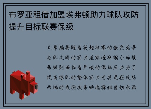 布罗亚租借加盟埃弗顿助力球队攻防提升目标联赛保级